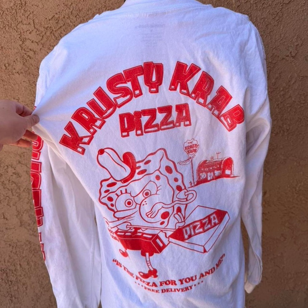 Red and white Spongebob Squarepants Krusty Krab Pizza white long sleeve shirt